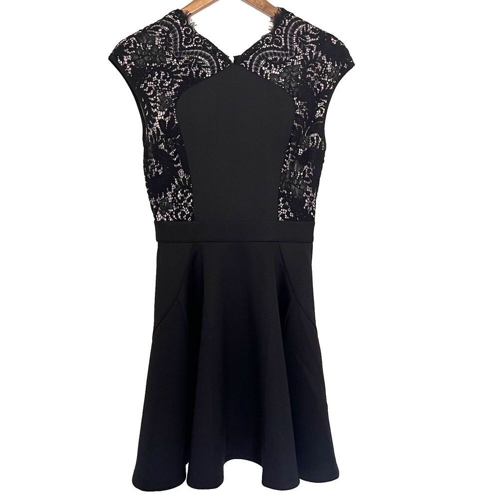 Ted Baker Dress 1 XS Vivance Black Lace Ponte Satin Fit & Flare skater